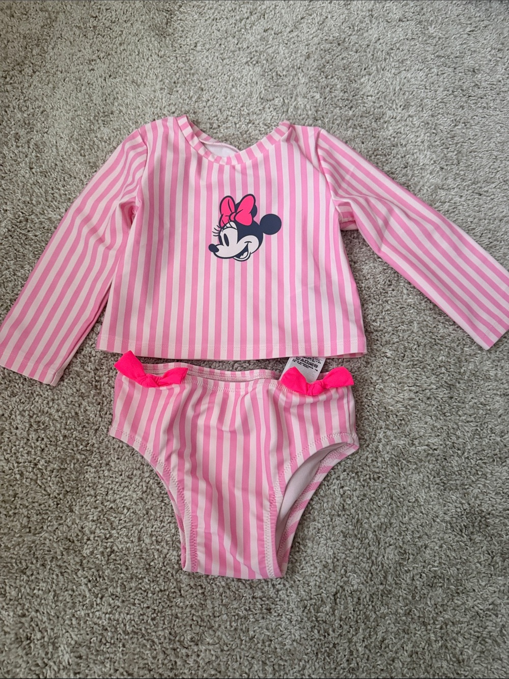 Pink Minnie Mouse Stripe Long-Sleeve Rash Guard Set - Kids Swim